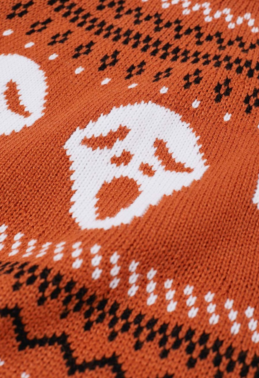 Ghoulish Skull Fair Isle Knit Sweater in Orange