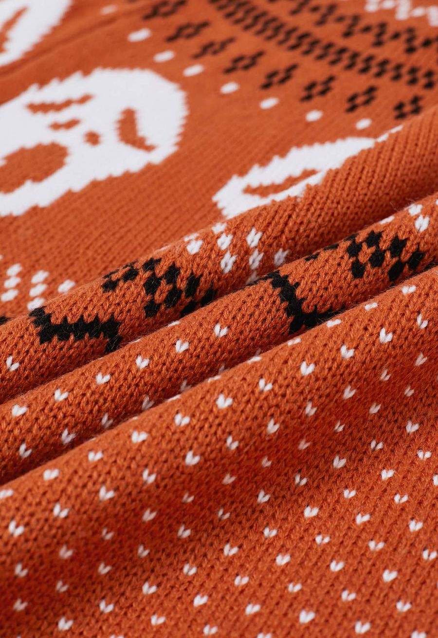 Ghoulish Skull Fair Isle Knit Sweater in Orange