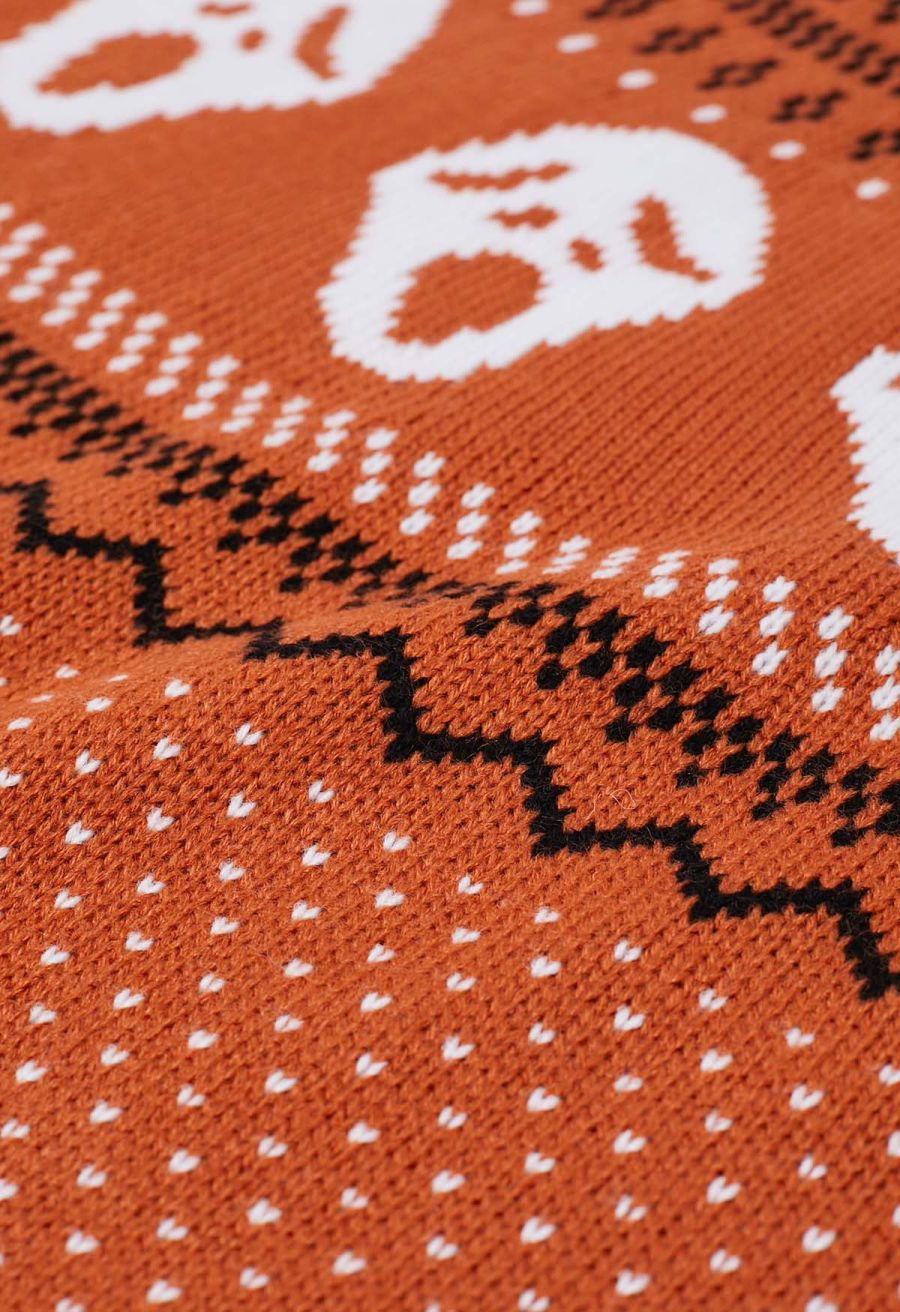 Ghoulish Skull Fair Isle Knit Sweater in Orange
