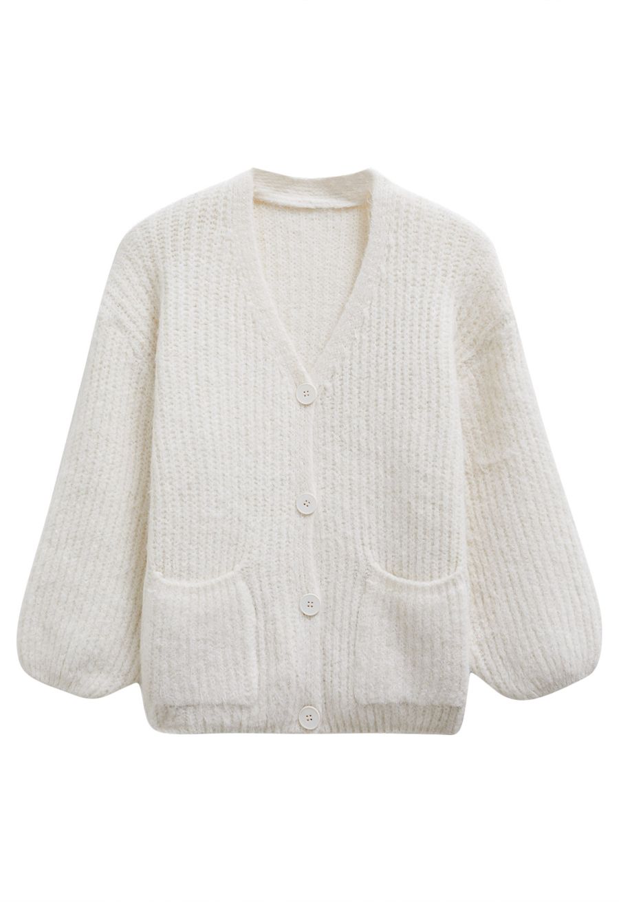 Puff Sleeve Fuzzy Chunky Knit Oversized Cardigan in Ivory
