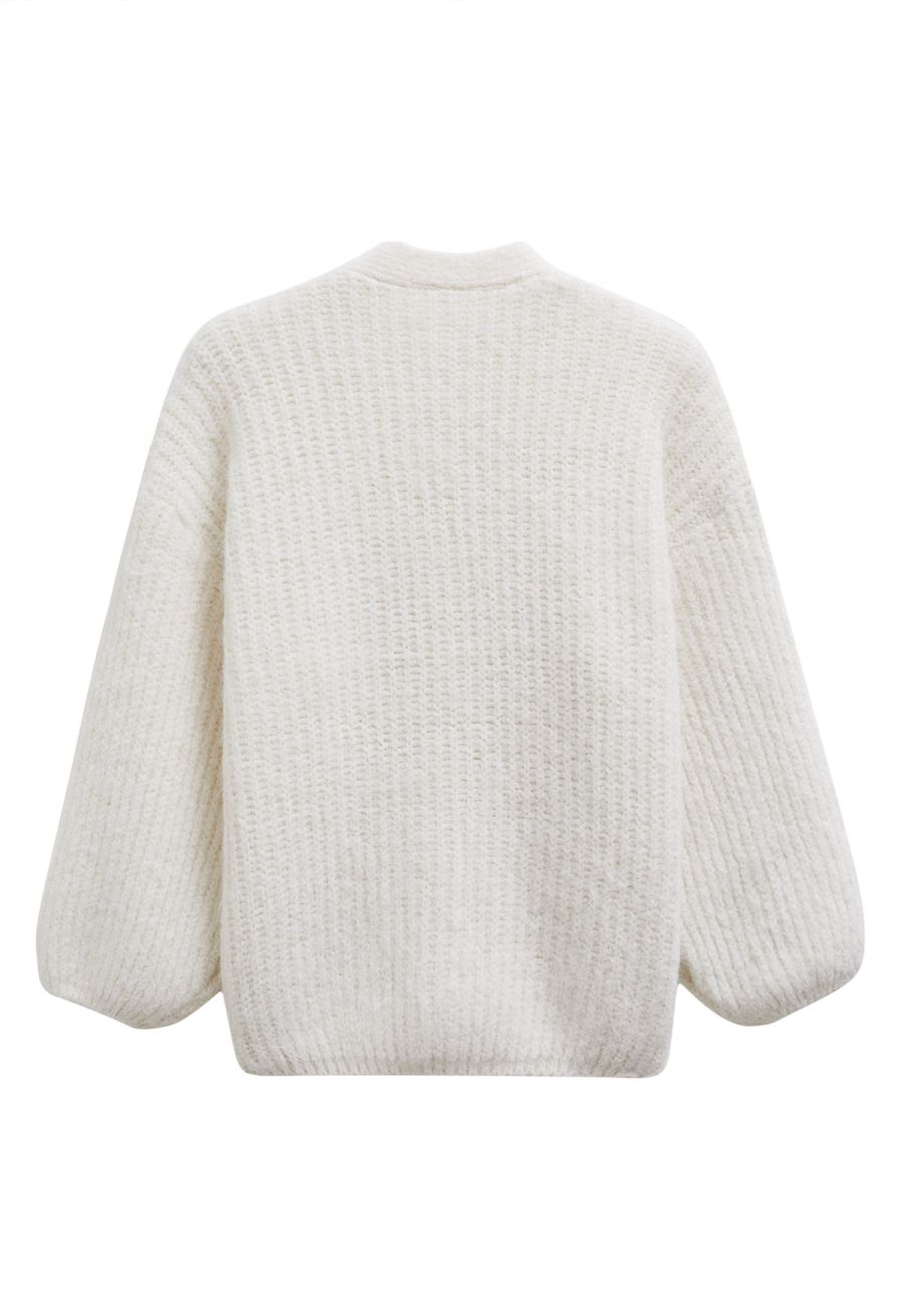Puff Sleeve Fuzzy Chunky Knit Oversized Cardigan in Ivory