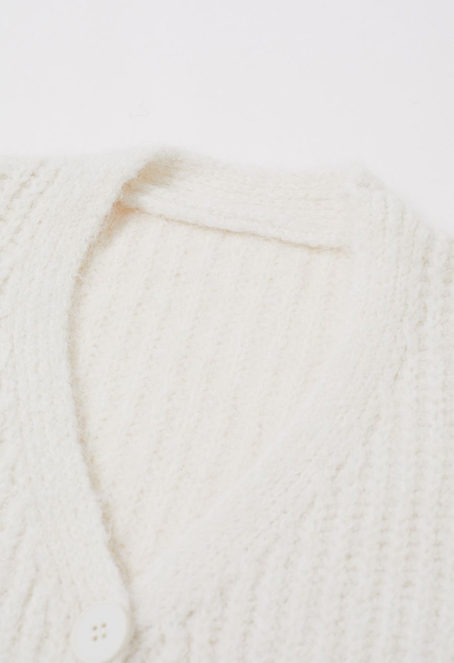 Puff Sleeve Fuzzy Chunky Knit Oversized Cardigan in Ivory