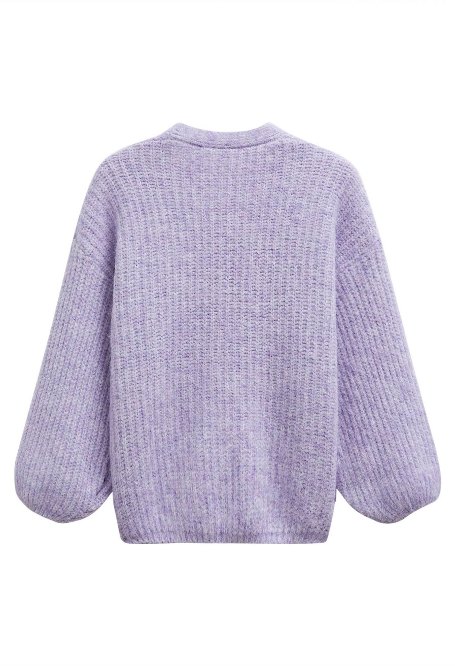 Puff Sleeve Fuzzy Chunky Knit Oversized Cardigan in Lavender