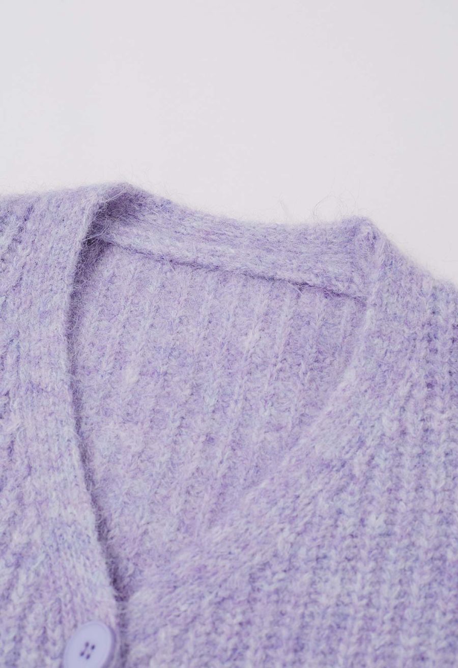 Puff Sleeve Fuzzy Chunky Knit Oversized Cardigan in Lavender