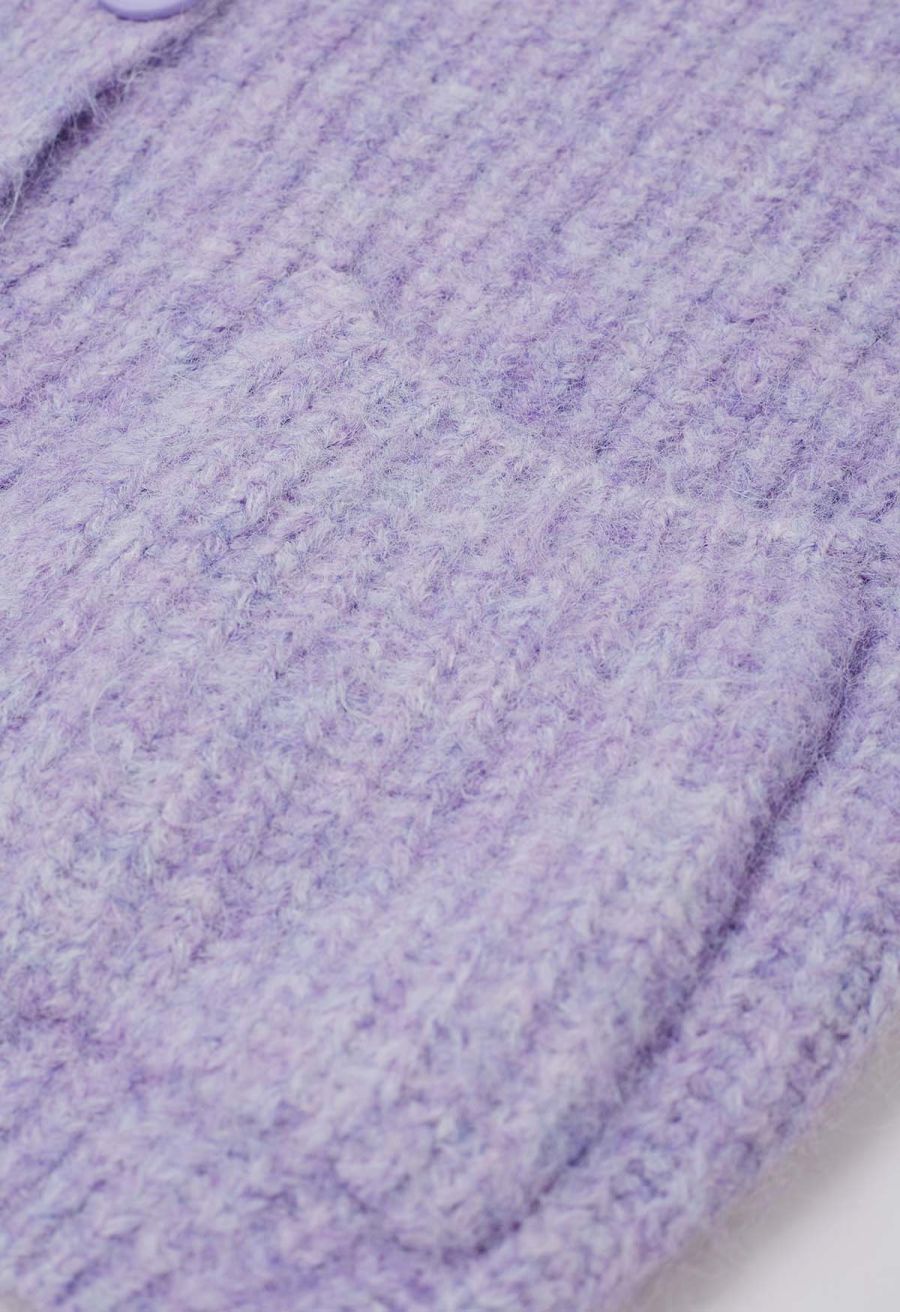 Puff Sleeve Fuzzy Chunky Knit Oversized Cardigan in Lavender