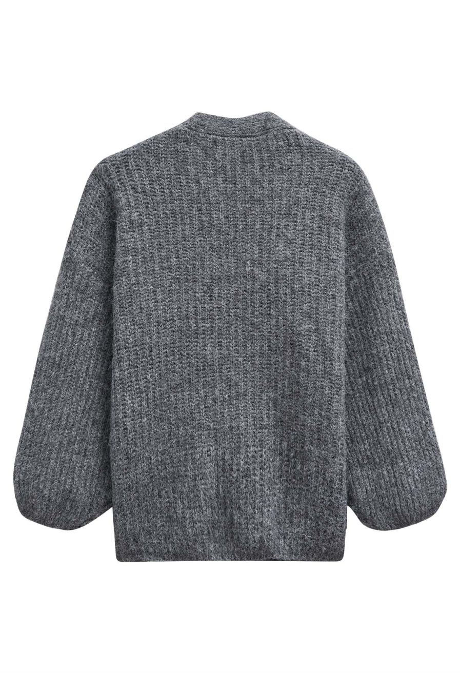 Puff Sleeve Fuzzy Chunky Knit Oversized Cardigan in Smoke