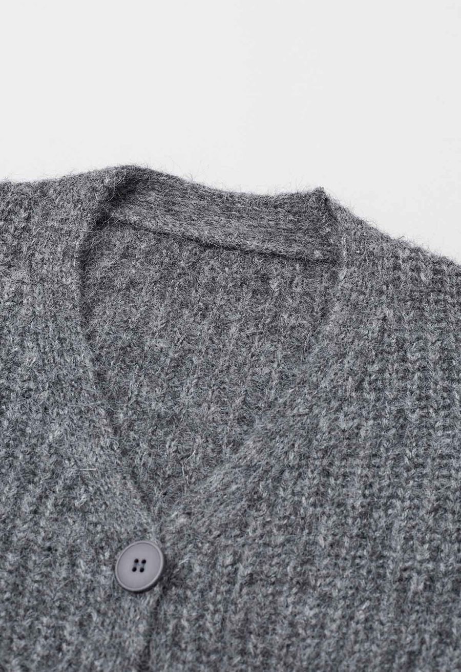 Puff Sleeve Fuzzy Chunky Knit Oversized Cardigan in Smoke