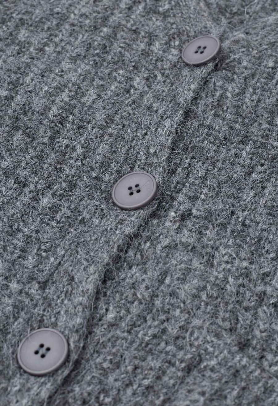 Puff Sleeve Fuzzy Chunky Knit Oversized Cardigan in Smoke