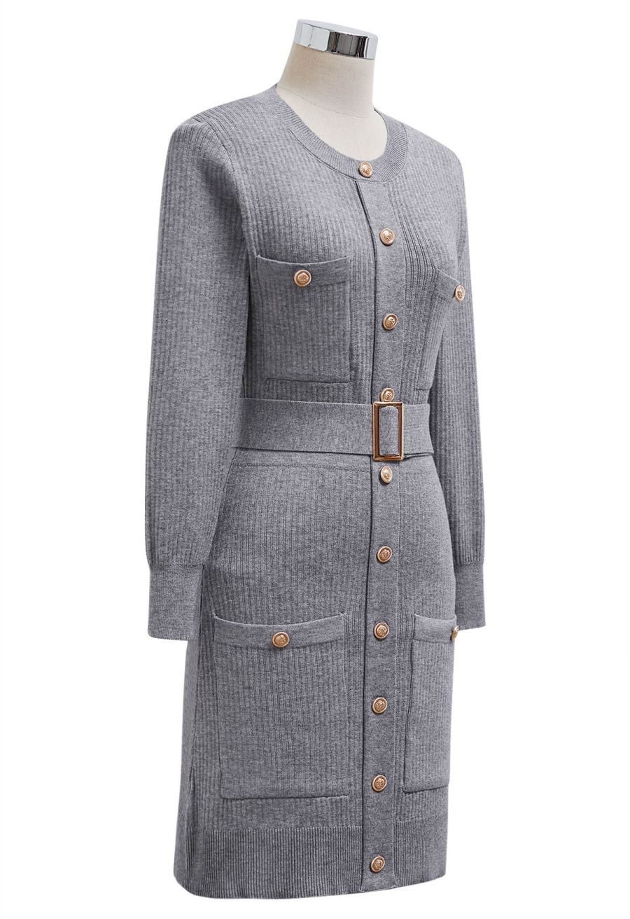 Golden Button Embellished Belted Mini Knit Dress in Grey