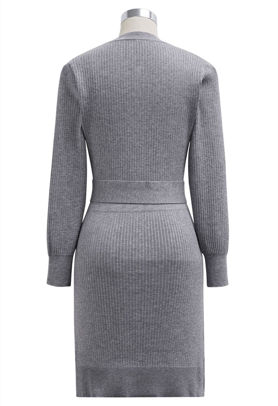 Golden Button Embellished Belted Mini Knit Dress in Grey