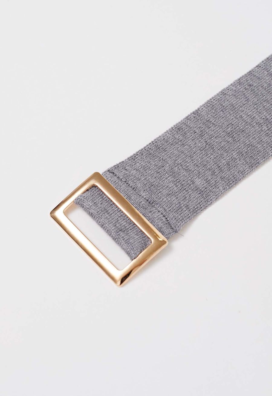 Golden Button Embellished Belted Mini Knit Dress in Grey