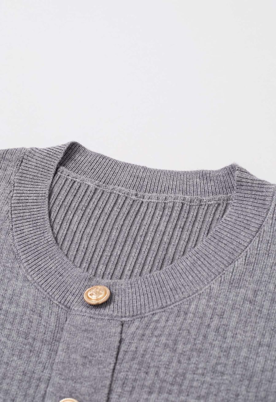 Golden Button Embellished Belted Mini Knit Dress in Grey