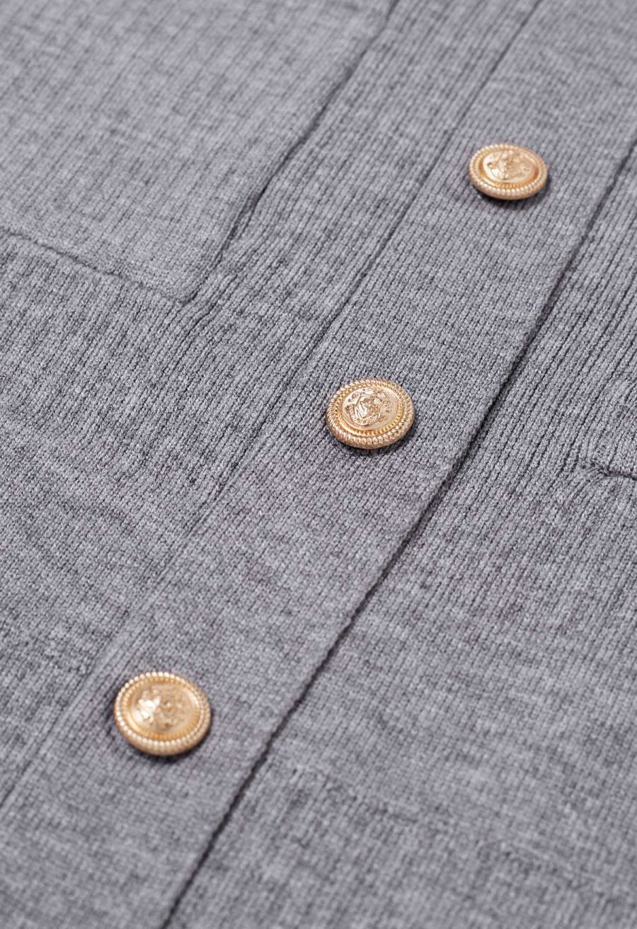Golden Button Embellished Belted Mini Knit Dress in Grey