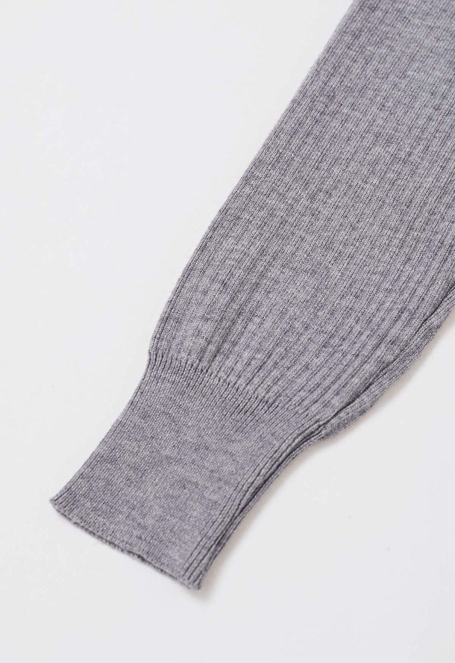 Golden Button Embellished Belted Mini Knit Dress in Grey
