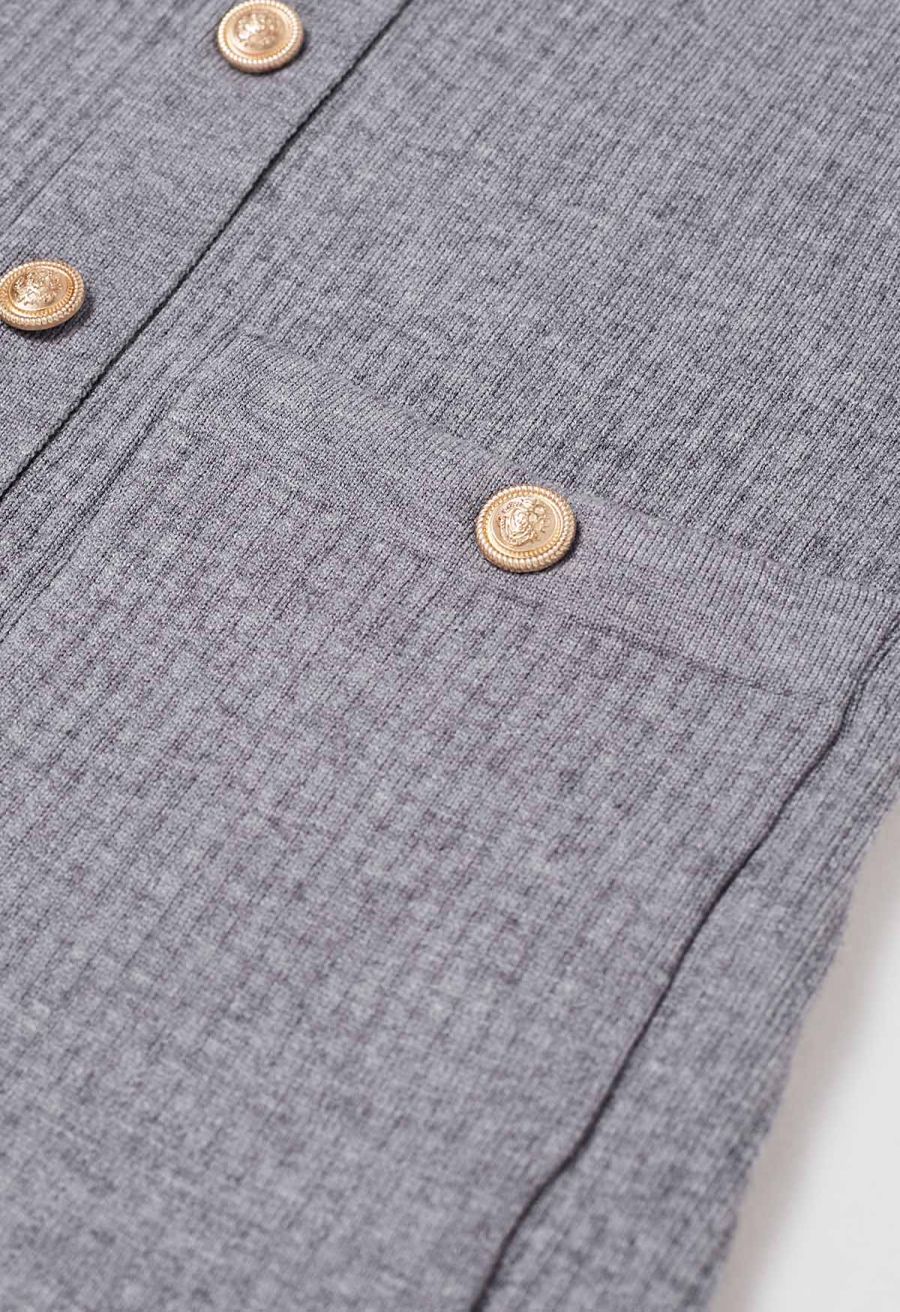 Golden Button Embellished Belted Mini Knit Dress in Grey