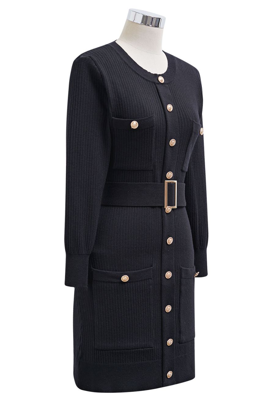 Golden Button Embellished Belted Mini Knit Dress in Black