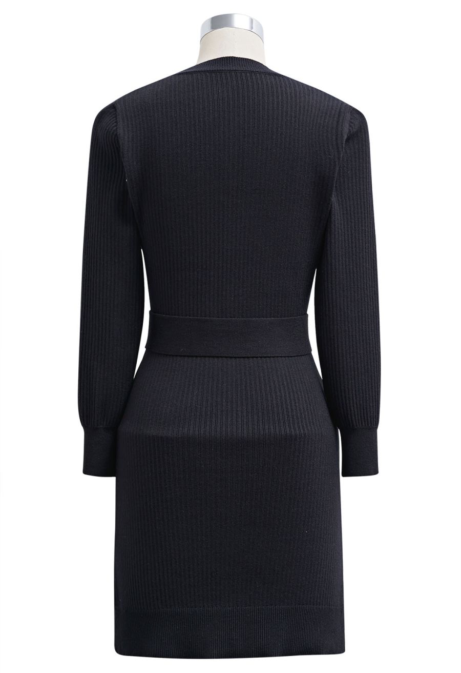 Golden Button Embellished Belted Mini Knit Dress in Black