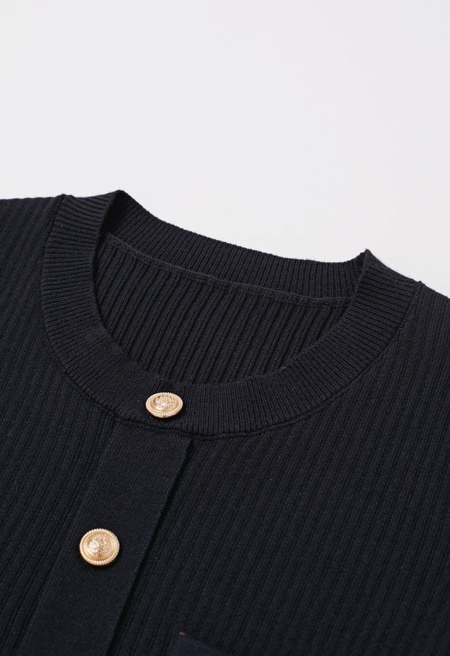 Golden Button Embellished Belted Mini Knit Dress in Black