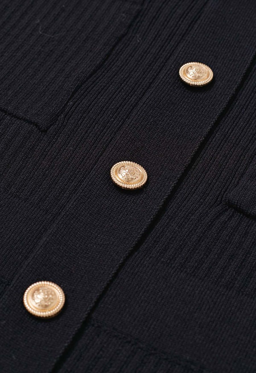 Golden Button Embellished Belted Mini Knit Dress in Black