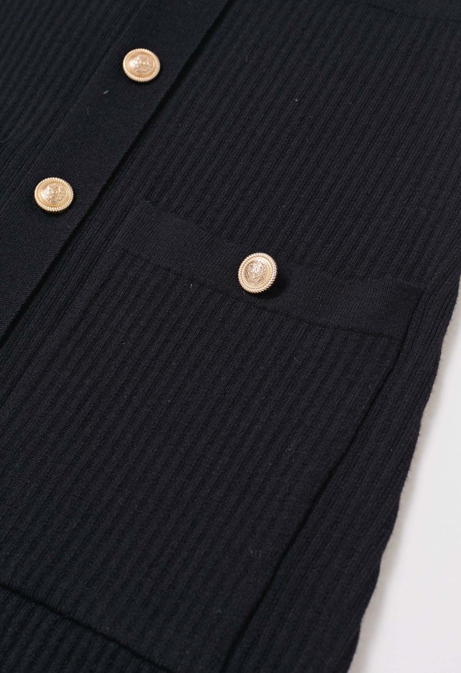 Golden Button Embellished Belted Mini Knit Dress in Black