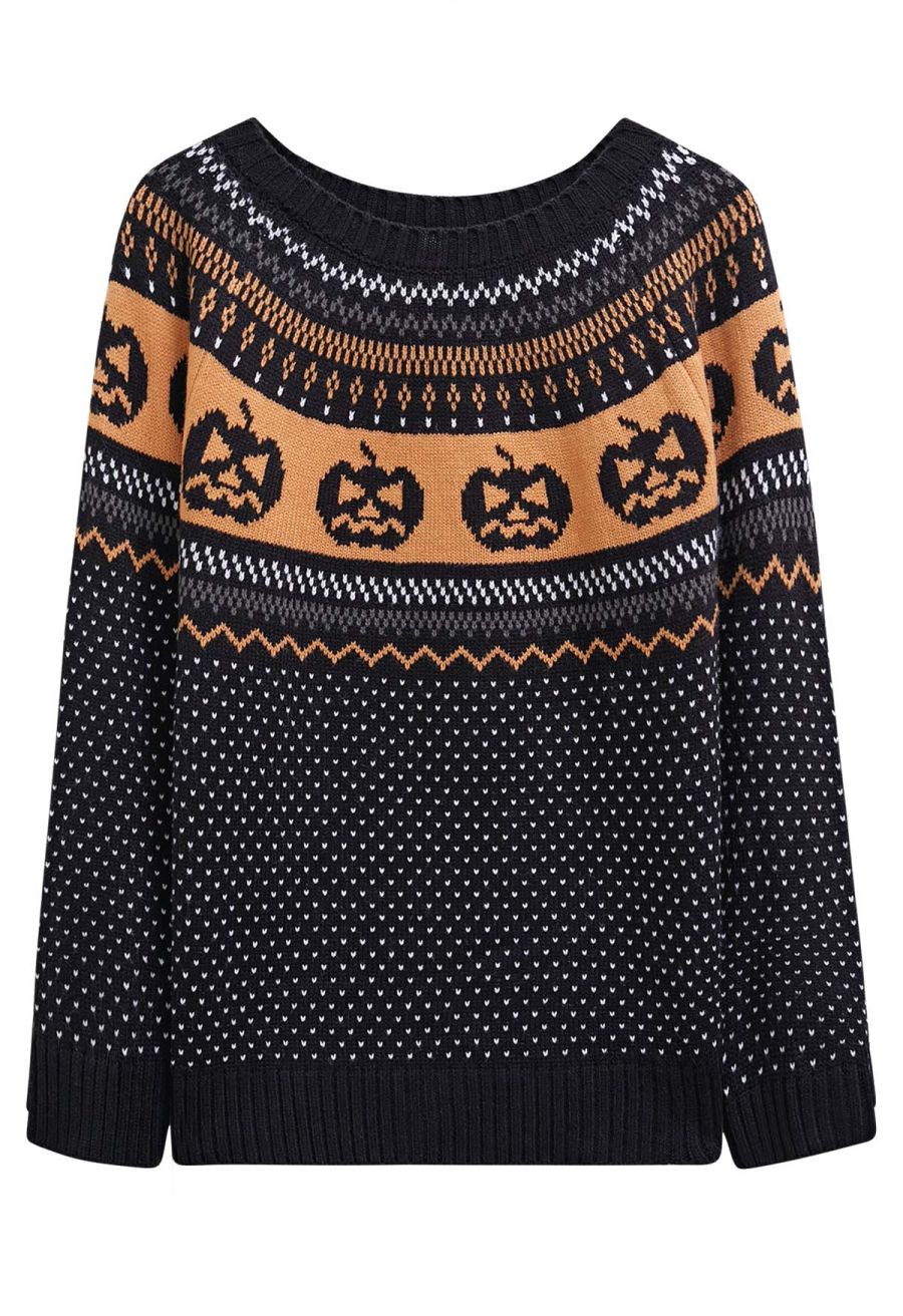 Jack-O'-Lantern Fair Isle Knit Sweater in Black