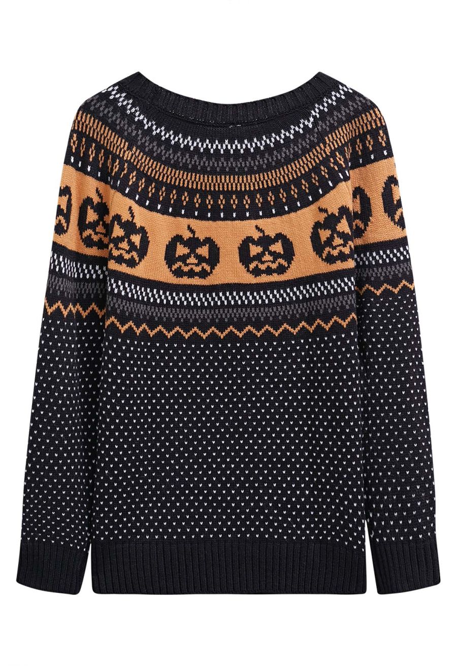 Jack-O'-Lantern Fair Isle Knit Sweater in Black