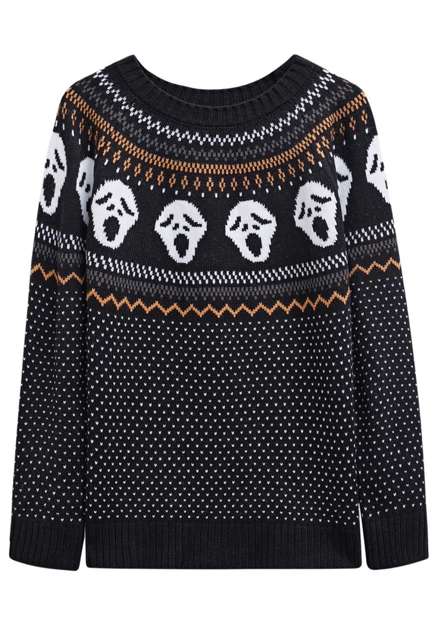 Ghoulish Skull Fair Isle Knit Sweater in Black