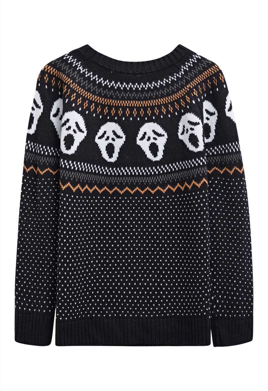 Ghoulish Skull Fair Isle Knit Sweater in Black