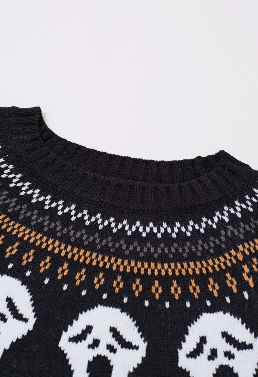 Ghoulish Skull Fair Isle Knit Sweater in Black