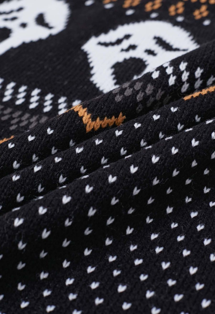 Ghoulish Skull Fair Isle Knit Sweater in Black