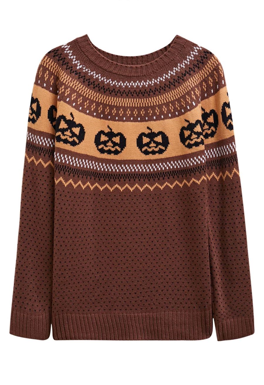 Jack-O'-Lantern Fair Isle Knit Sweater in Brown