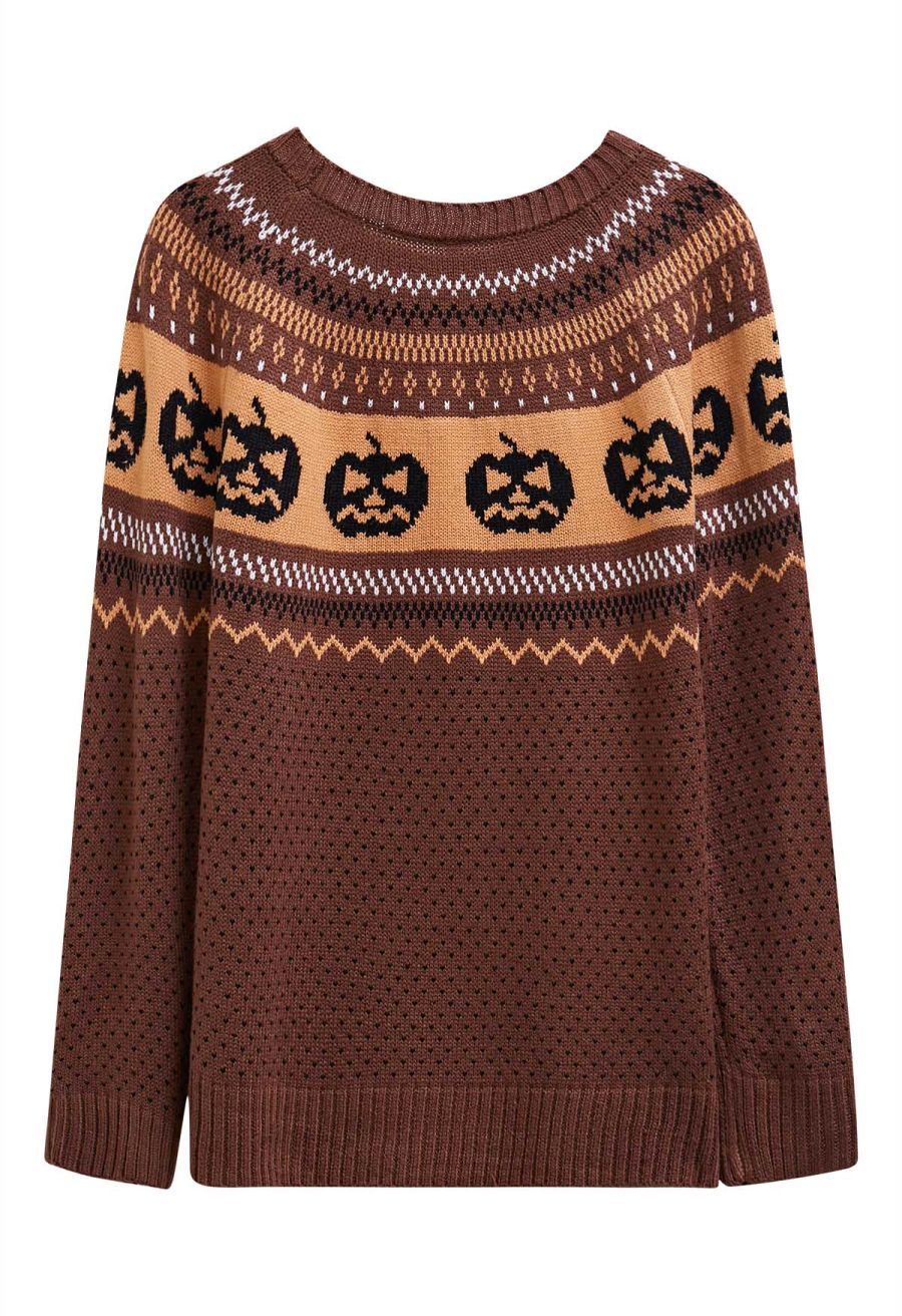 Jack-O'-Lantern Fair Isle Knit Sweater in Brown