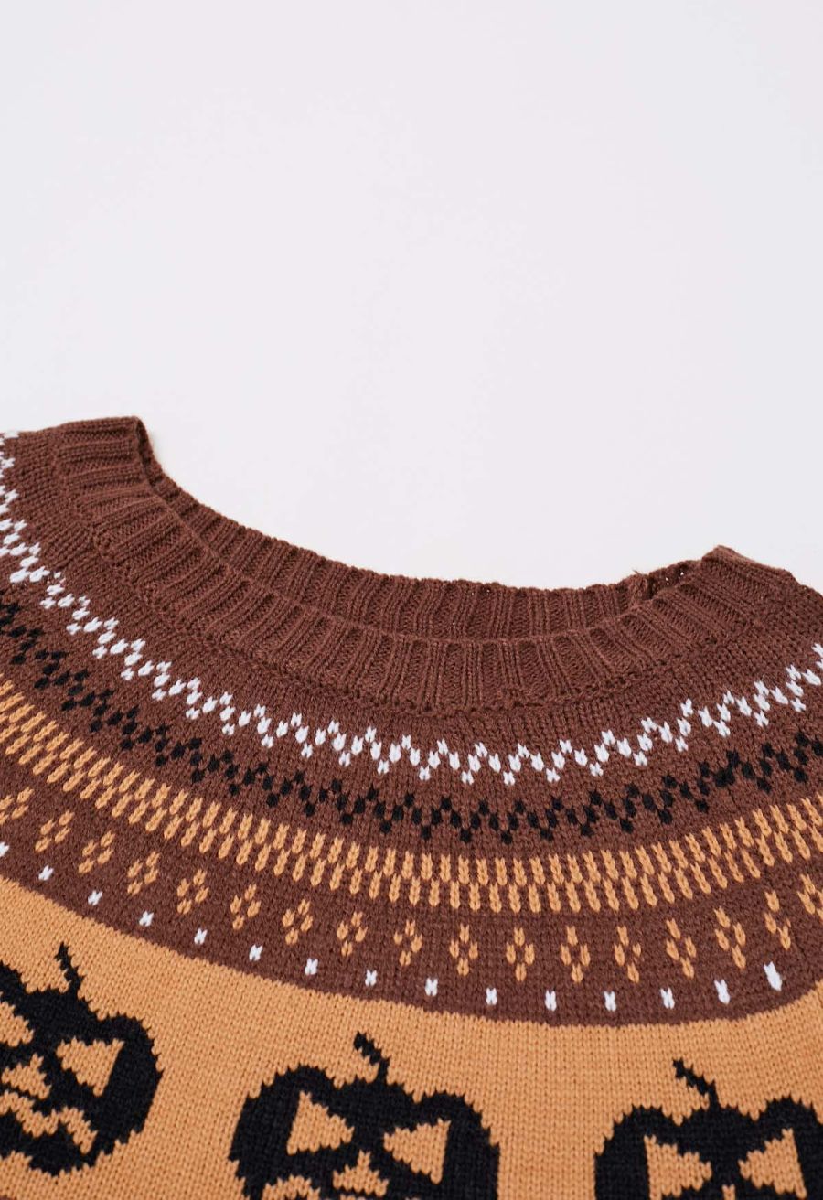 Jack-O'-Lantern Fair Isle Knit Sweater in Brown