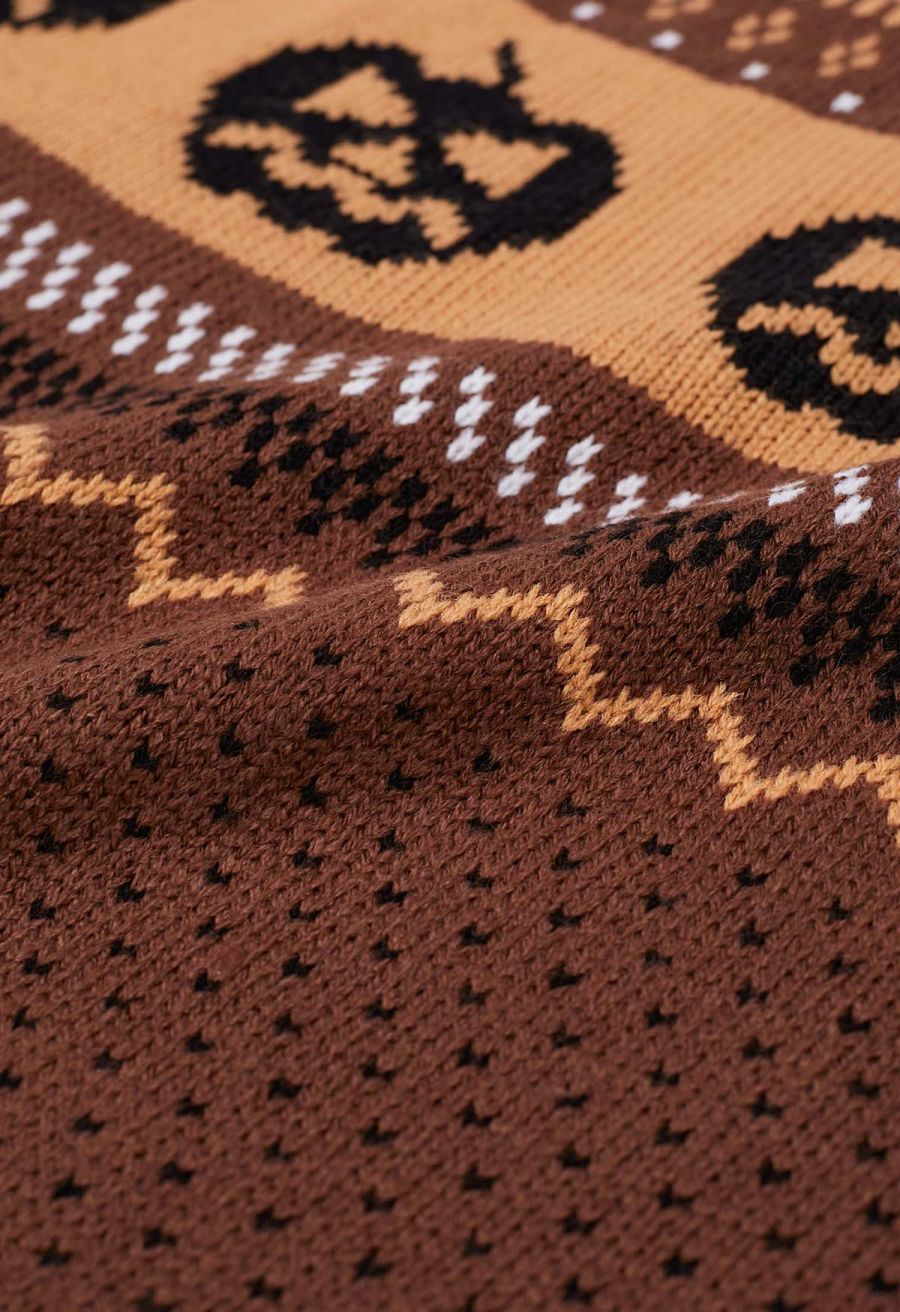 Jack-O'-Lantern Fair Isle Knit Sweater in Brown