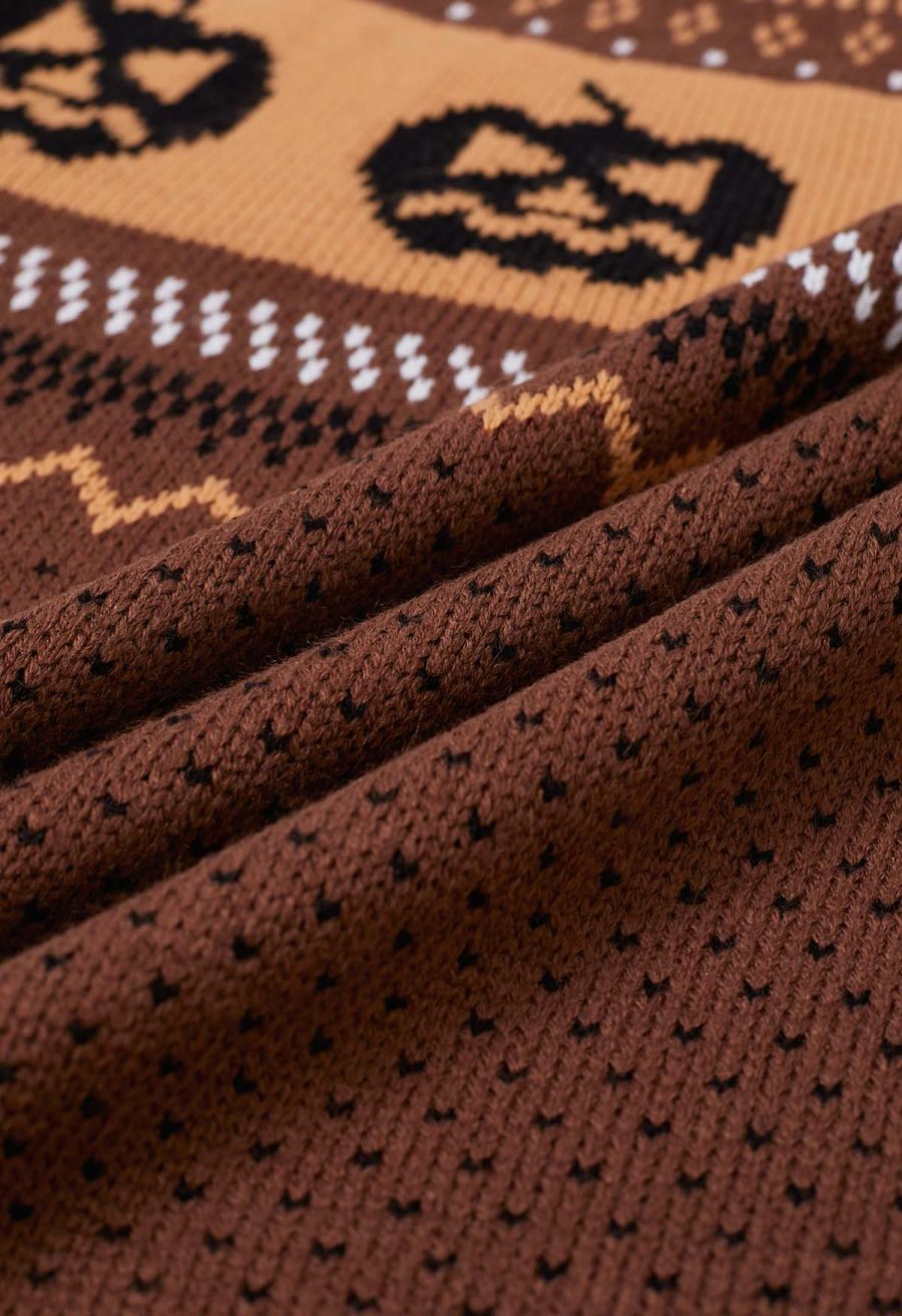 Jack-O'-Lantern Fair Isle Knit Sweater in Brown