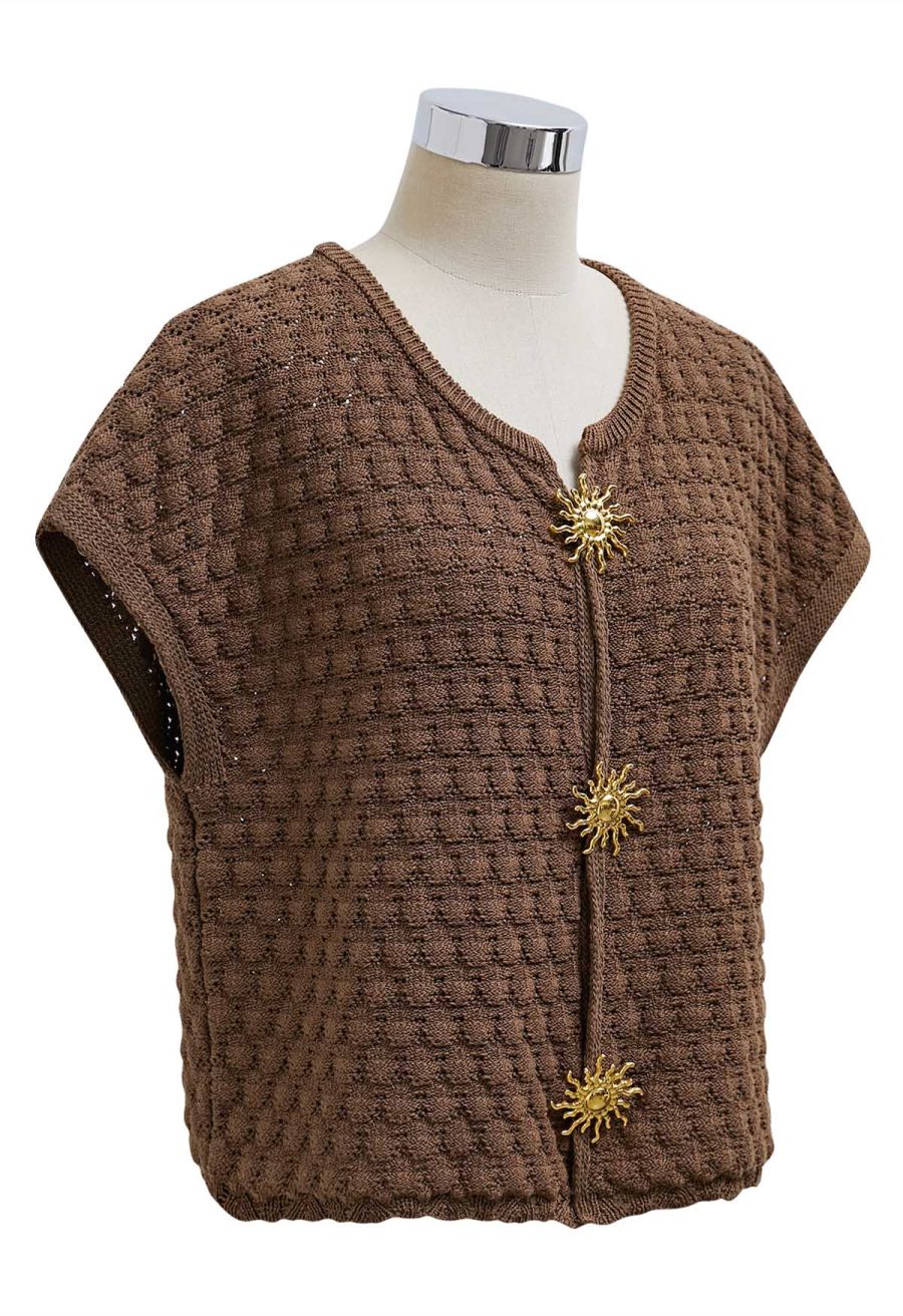 Sun-Inspired Button Pointelle Knit Top in Brown