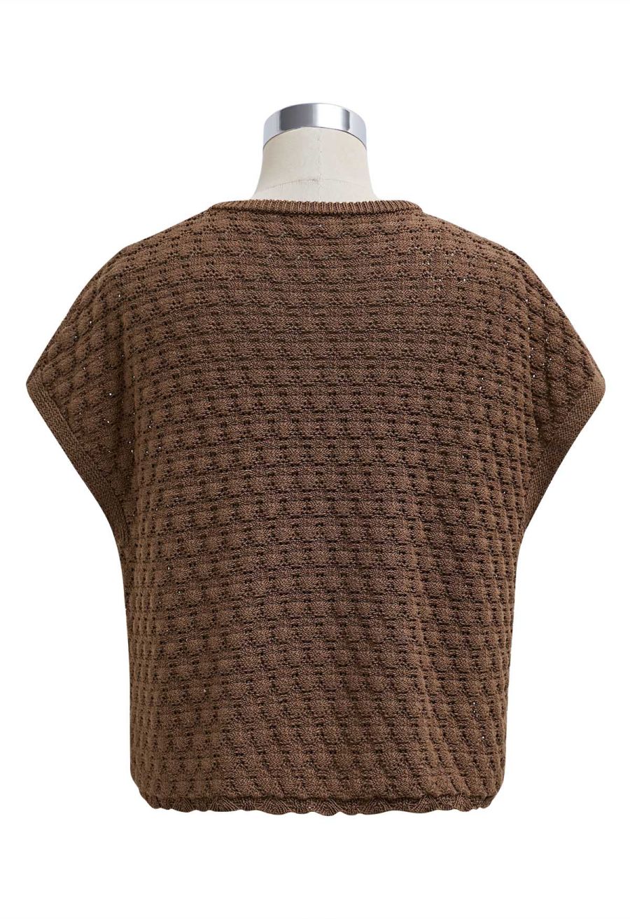 Sun-Inspired Button Pointelle Knit Top in Brown