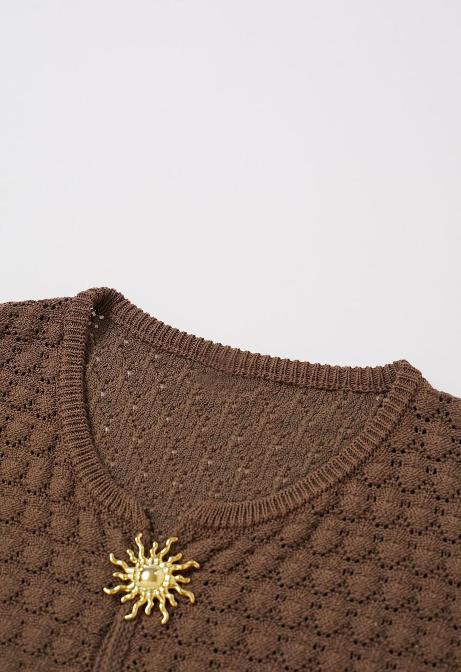 Sun-Inspired Button Pointelle Knit Top in Brown