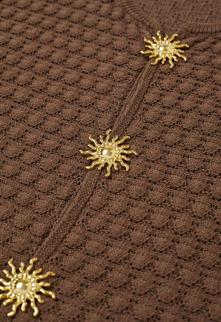 Sun-Inspired Button Pointelle Knit Top in Brown