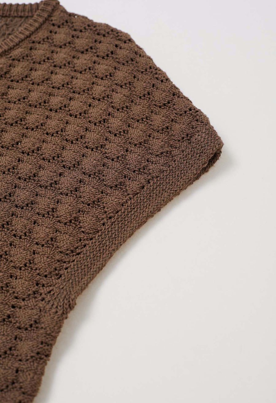 Sun-Inspired Button Pointelle Knit Top in Brown