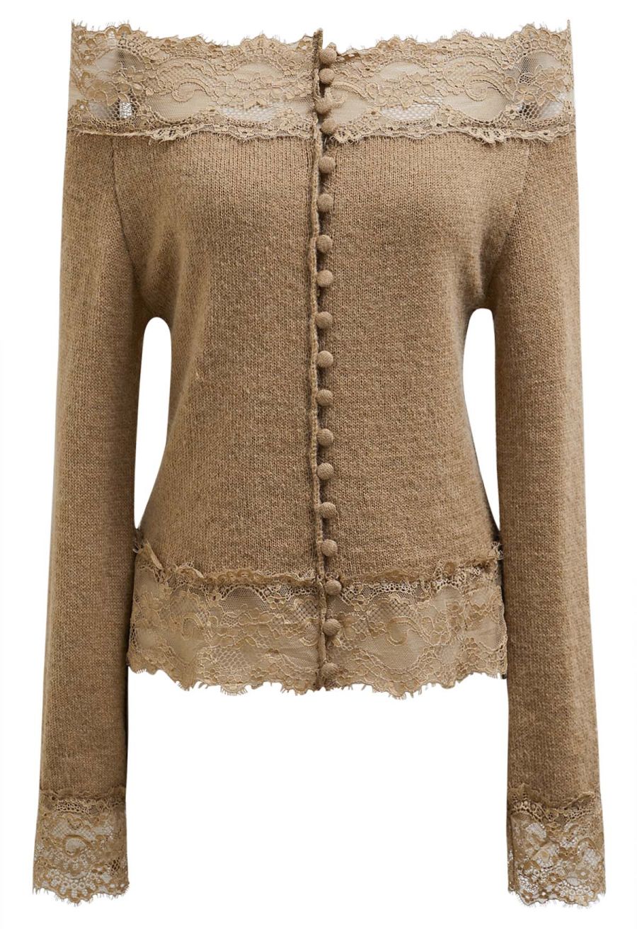 Off-Shoulder Lace Trim Button Knit Top in Tan