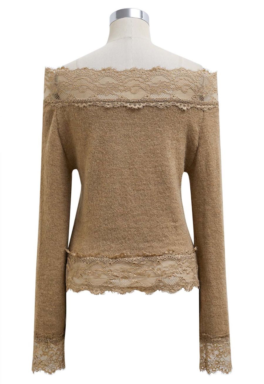 Off-Shoulder Lace Trim Button Knit Top in Tan