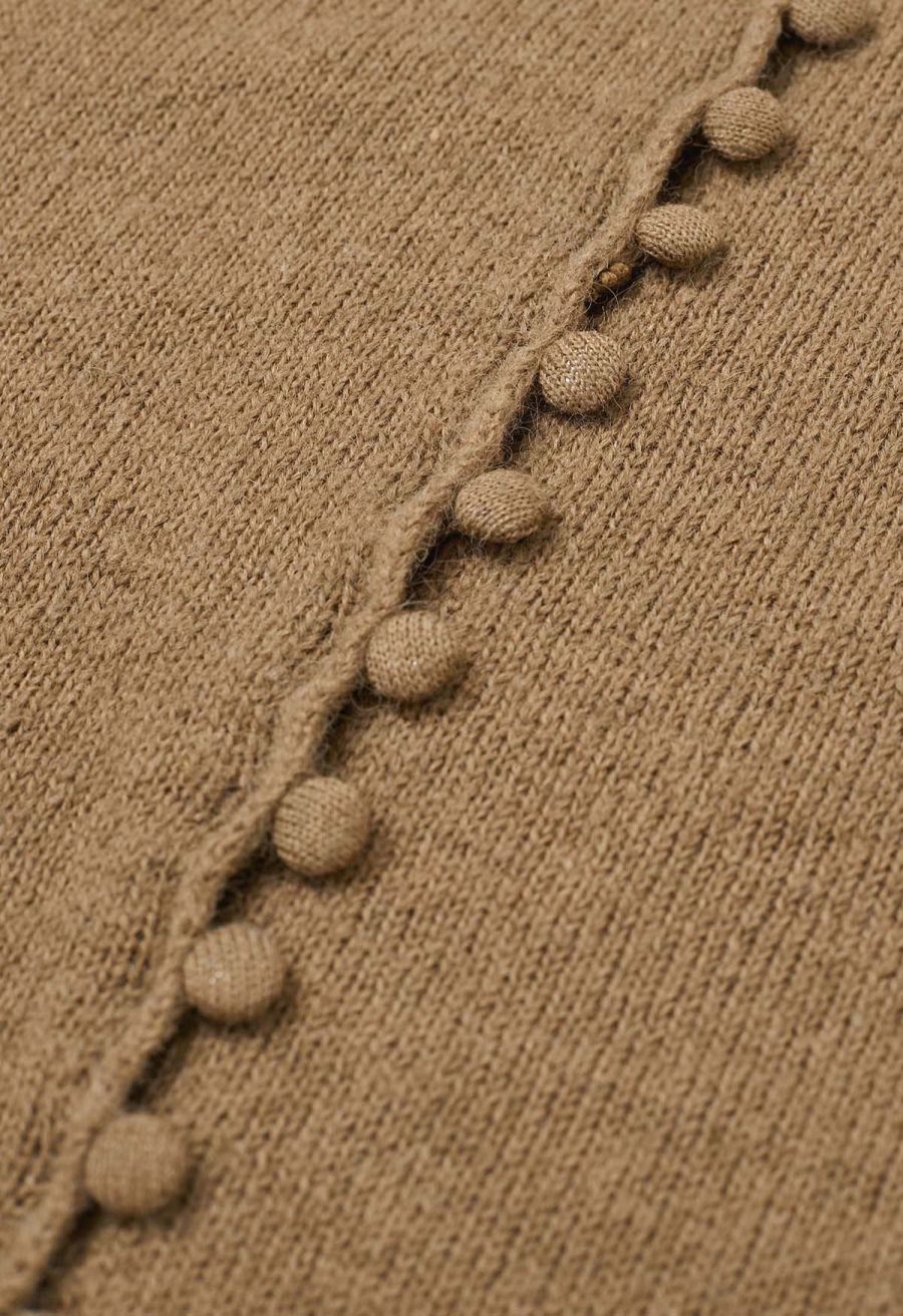 Off-Shoulder Lace Trim Button Knit Top in Tan