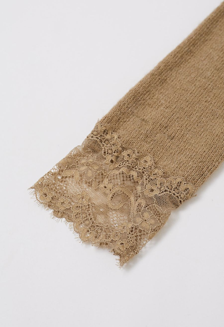 Off-Shoulder Lace Trim Button Knit Top in Tan