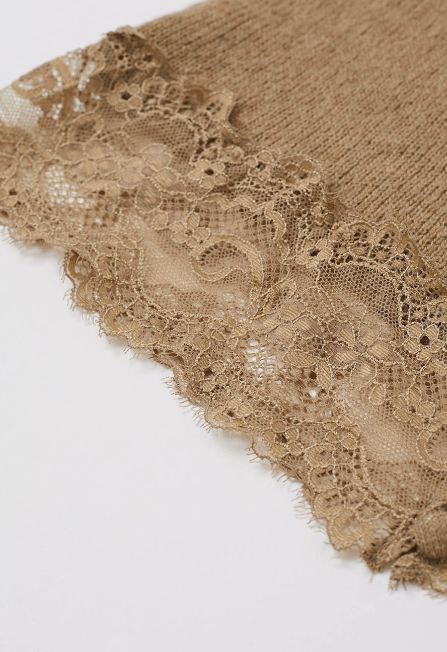 Off-Shoulder Lace Trim Button Knit Top in Tan