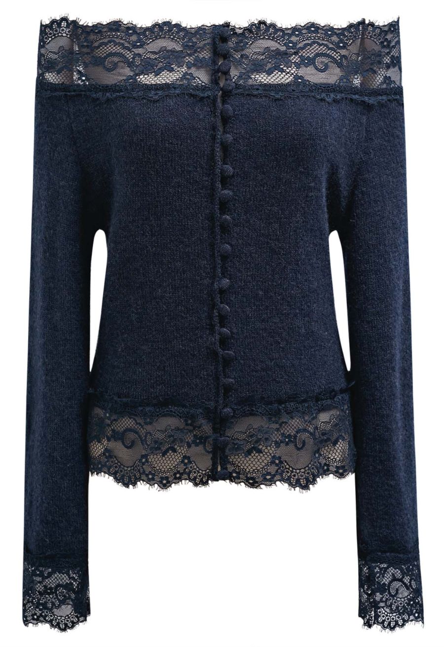 Off-Shoulder Lace Trim Button Knit Top in Navy
