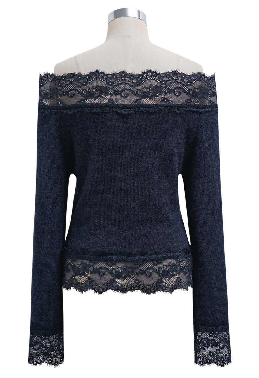 Off-Shoulder Lace Trim Button Knit Top in Navy