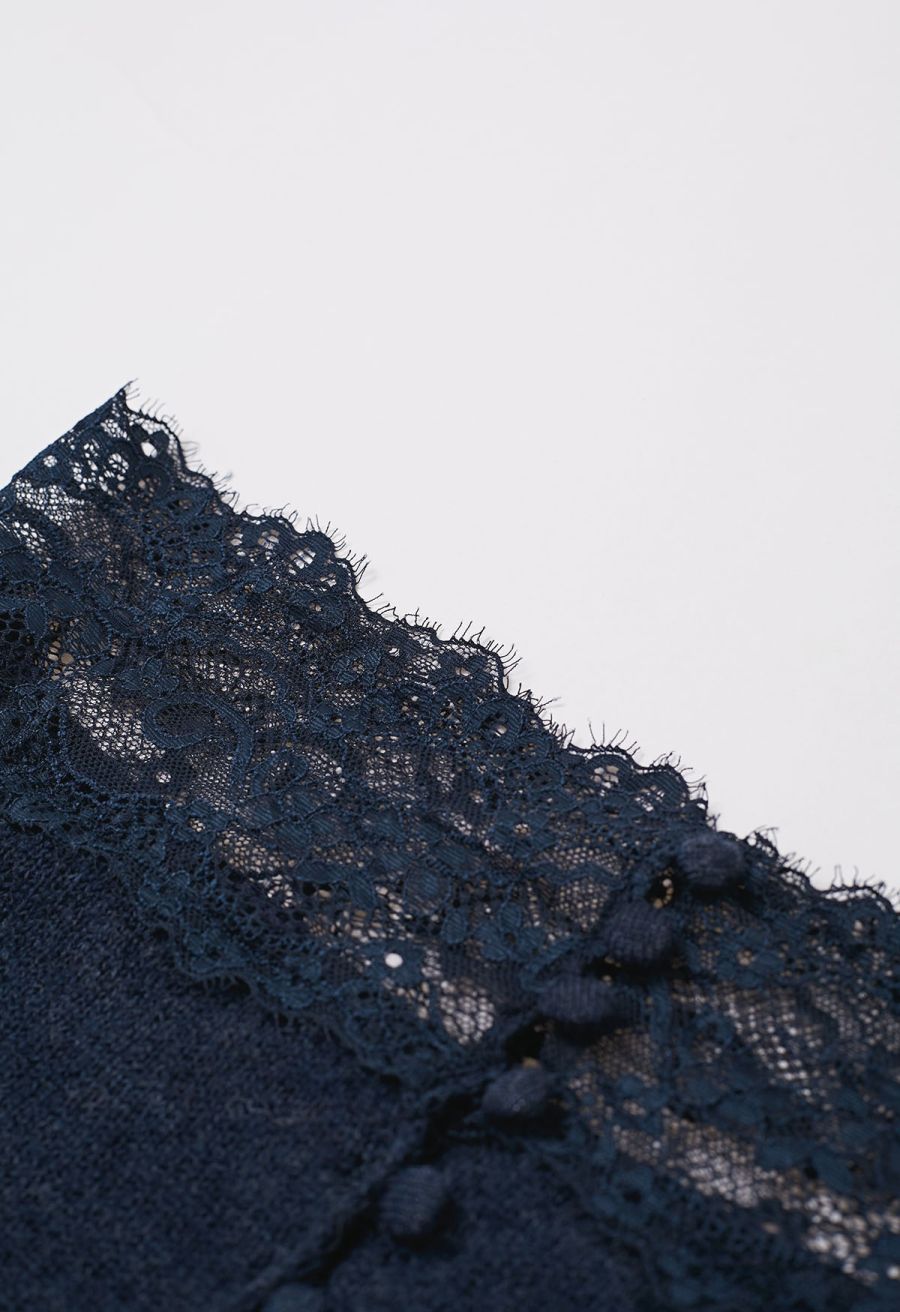 Off-Shoulder Lace Trim Button Knit Top in Navy