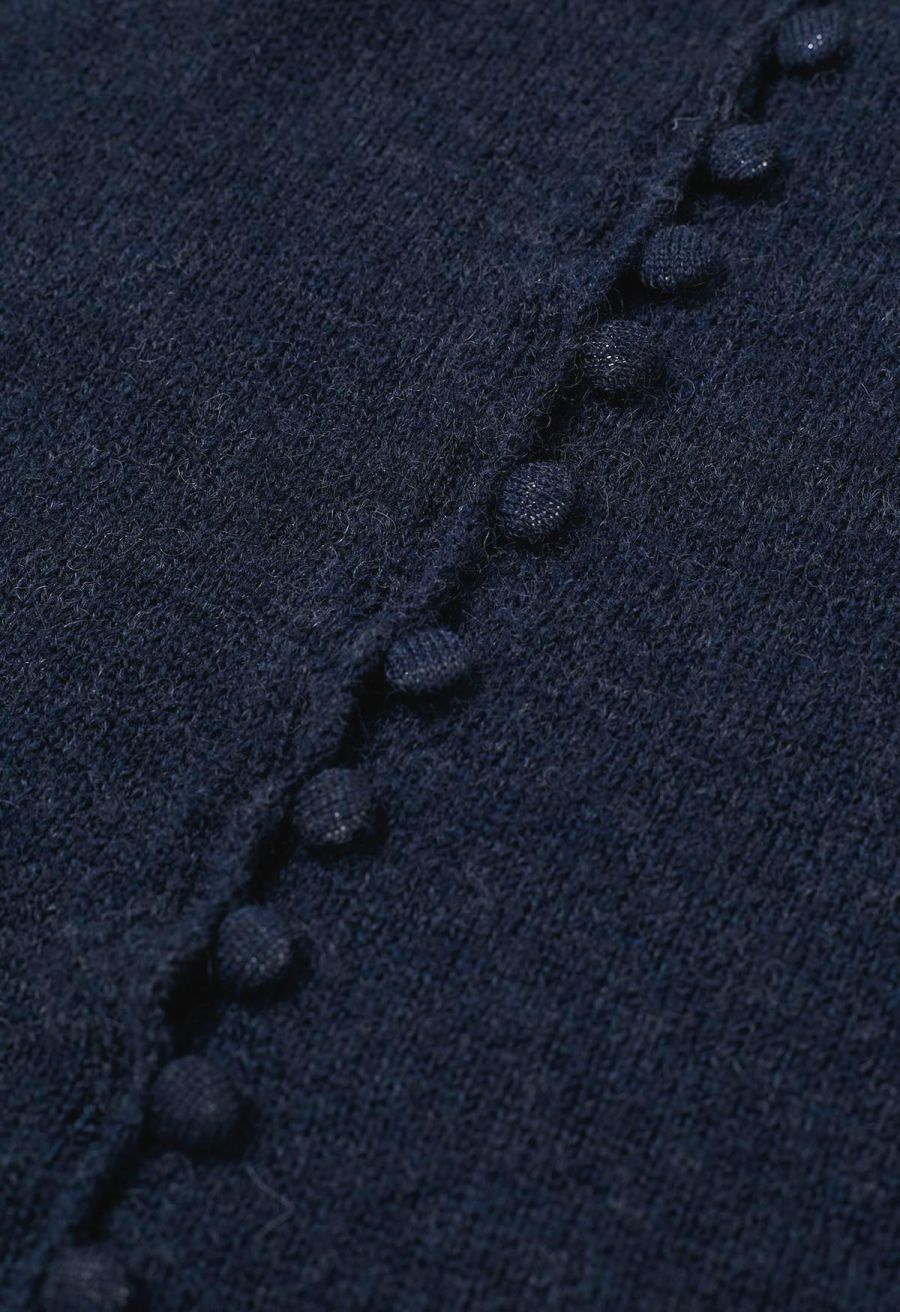 Off-Shoulder Lace Trim Button Knit Top in Navy