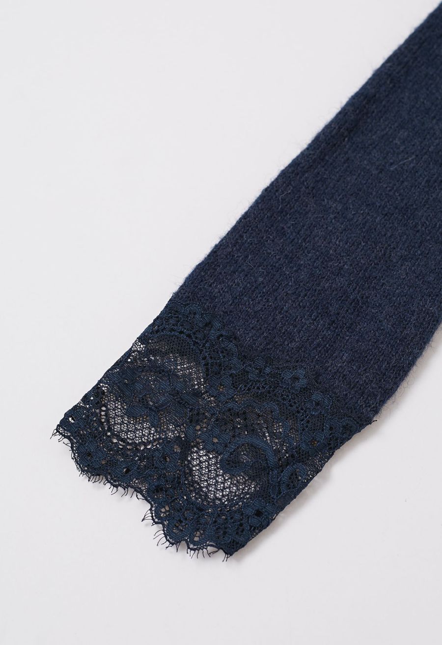 Off-Shoulder Lace Trim Button Knit Top in Navy